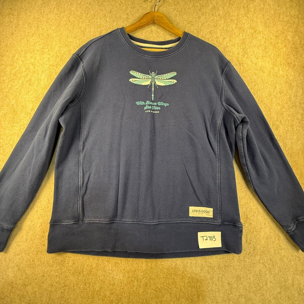 Life is Good Womens Navy Dragonfly Brave Wings Crewneck Sweatshirt Large